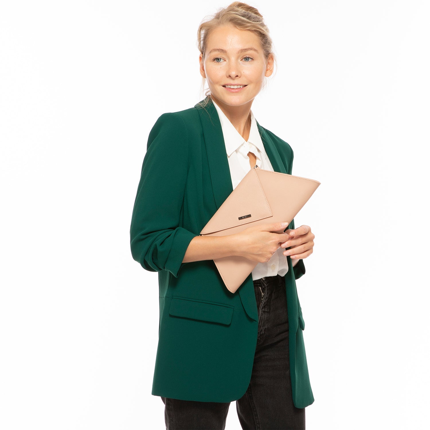 Nude Leather Clutch Bag with Detachable Chain Strap