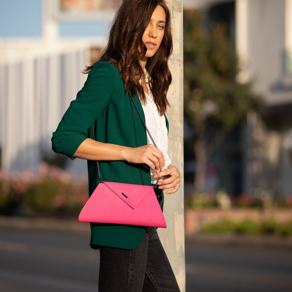 Hot Pink Leather Clutch Bag Crossbody Evening Purse