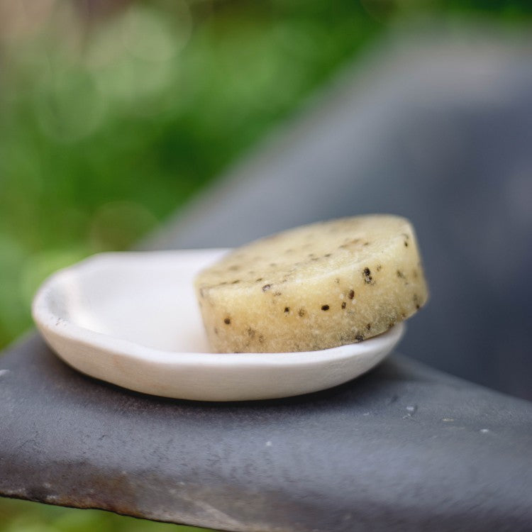 close-up of vegan kiwi seed body scrub bar with lemongrass scent on wooden surface
