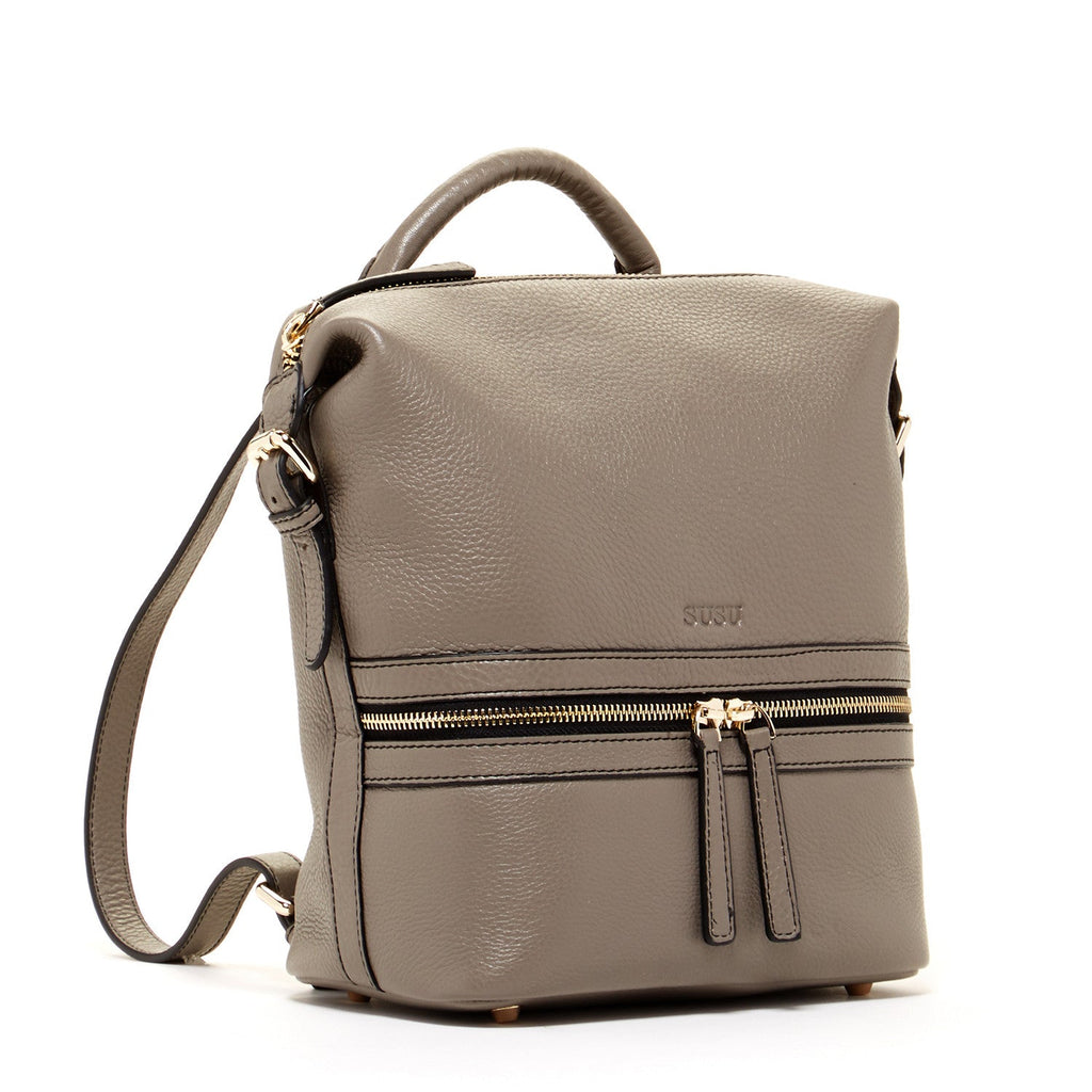 Grey Leather Convertible Backpack Crossbody Bag