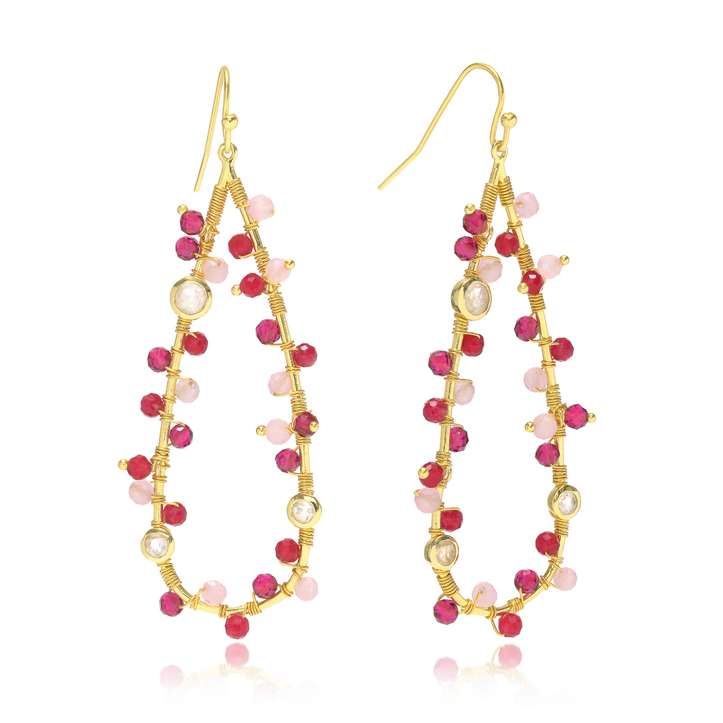 Hydra Large Teardrop Wire-Wrapped Gemstone Earrings Moonstone, Rose Quartz, Pink Jade and Pink Tourmaline