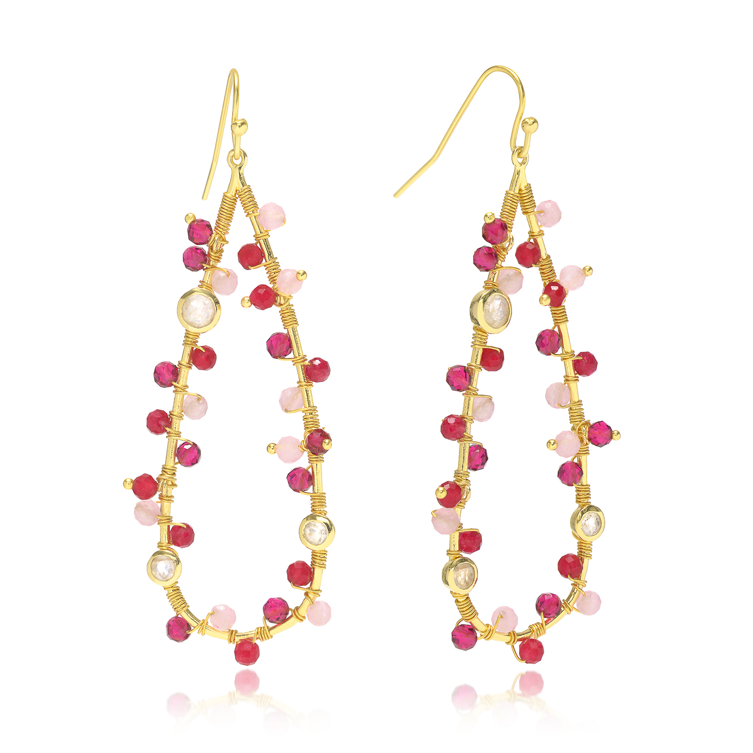 Hydra Large Teardrop Wire-Wrapped Gemstone Earrings Moonstone, Rose Quartz, Pink Jade and Pink Tourmaline