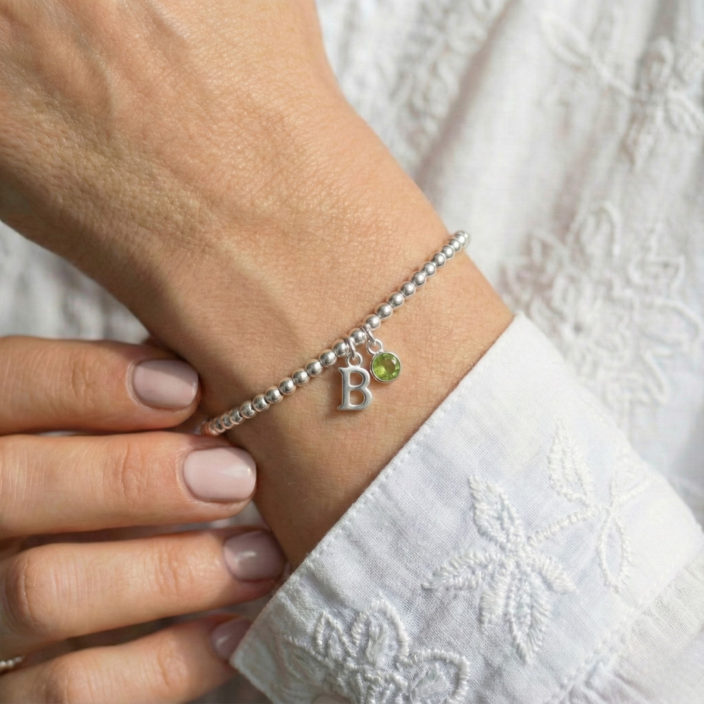 Personalised Initial and August Birthstone Stretch Bracelet