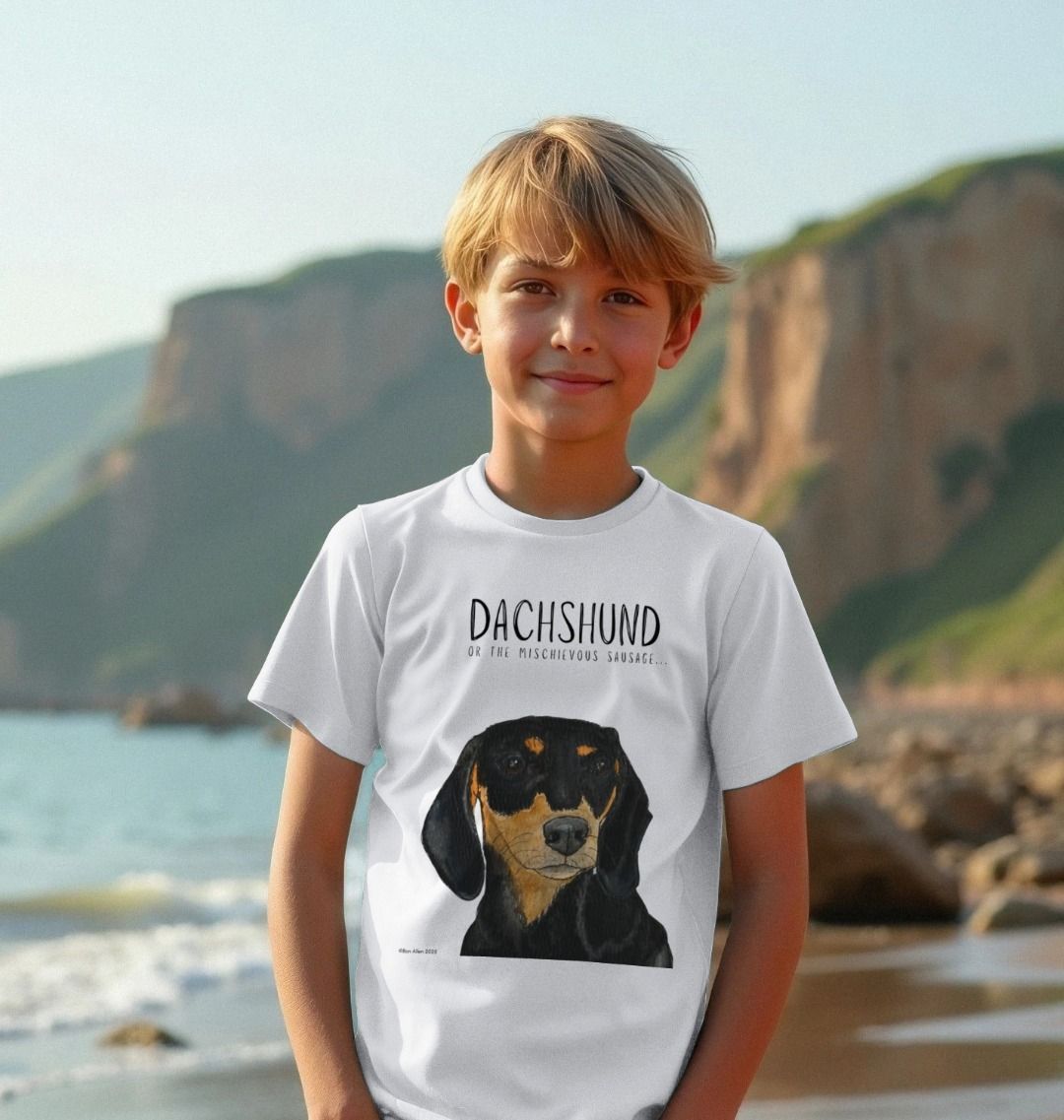 Mischievous Black & Tan Hot Dog Kids' T-Shirt – Small Pup, Big Attitude!