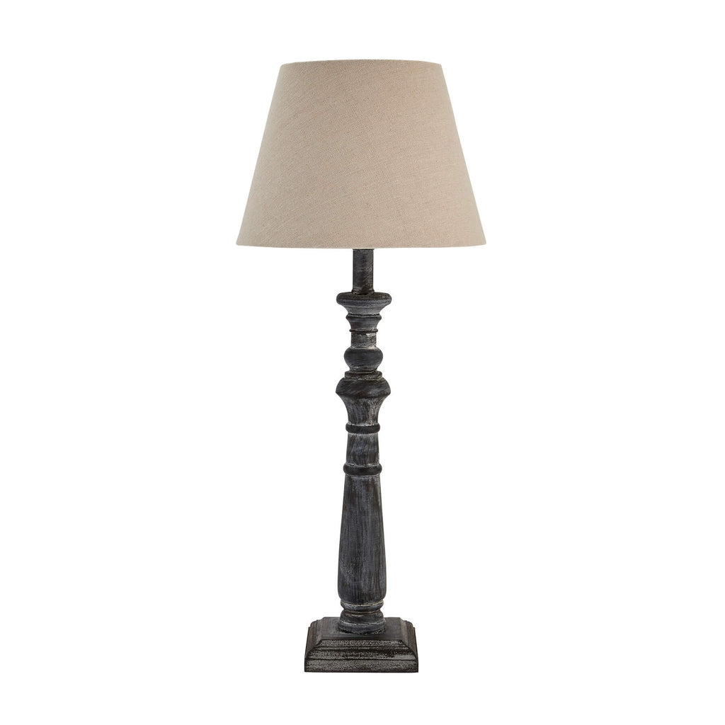 Handcrafted grey-washed wood table lamp with linen shade, warm brown tones, 50cm height for ambient lighting by Sostter at brixbailey.com