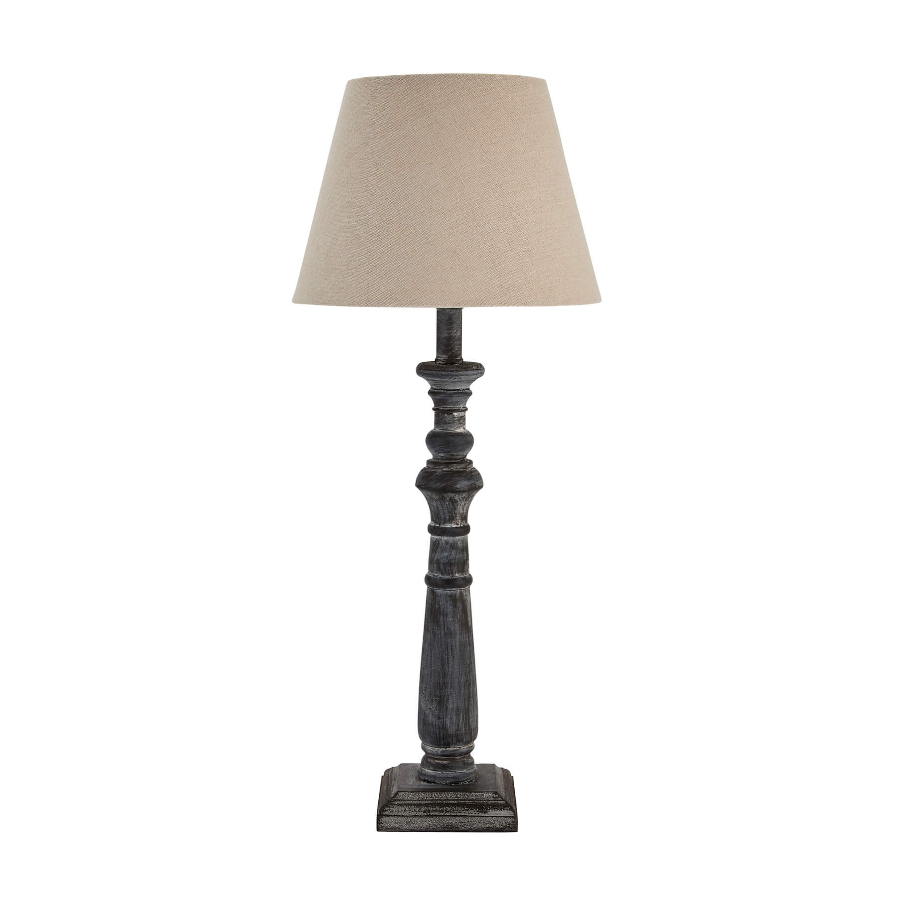 Handcrafted grey-washed wood table lamp with linen shade, warm brown tones, 50cm height for ambient lighting by Sostter at brixbailey.com