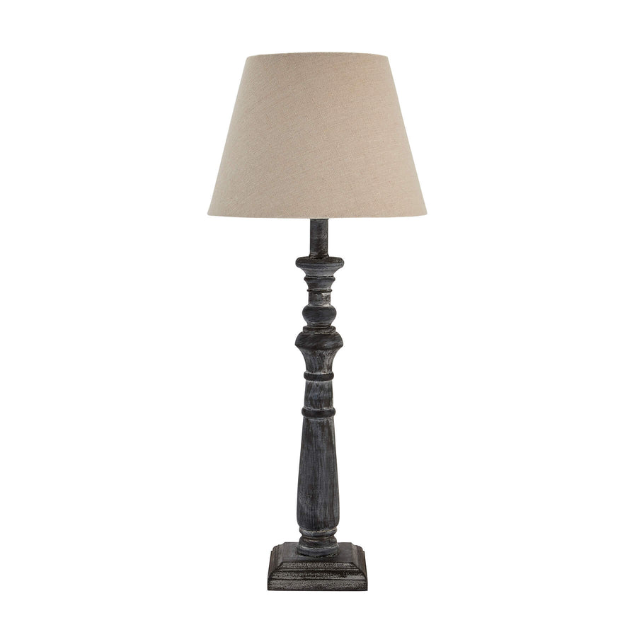 Handcrafted grey-washed wood table lamp with linen shade, warm brown tones, 50cm height for ambient lighting by Sostter at brixbailey.com