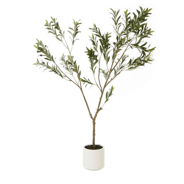 180cm artificial Apulia olive tree with realistic trunk, silvery-green leaves, and white pot for Mediterranean decor by Sostter at brixbailey.com