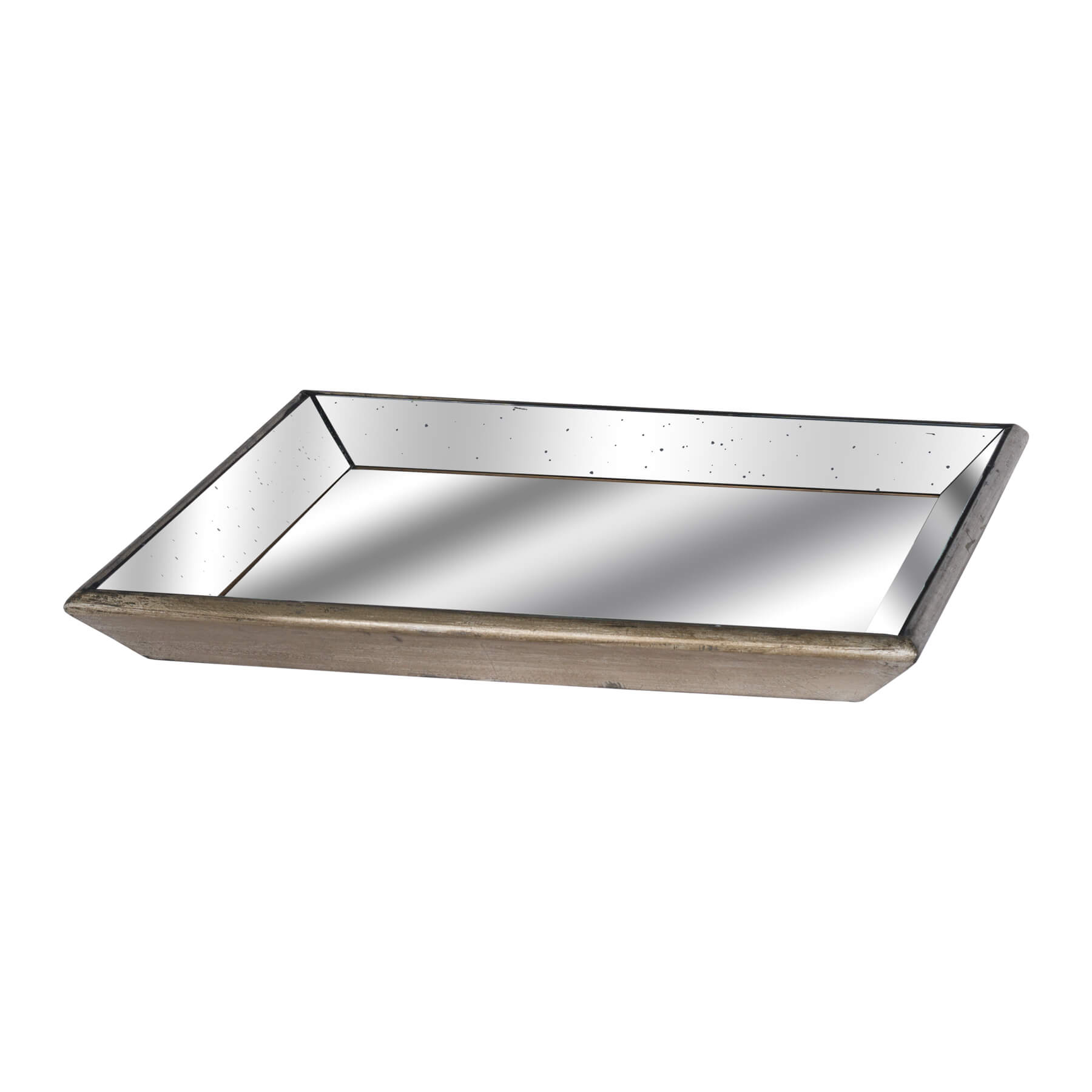 Gold-finished square tray with distressed glass and wooden frame, antique metallic accents for elegant serving or display. by Sostter at brixbailey.com