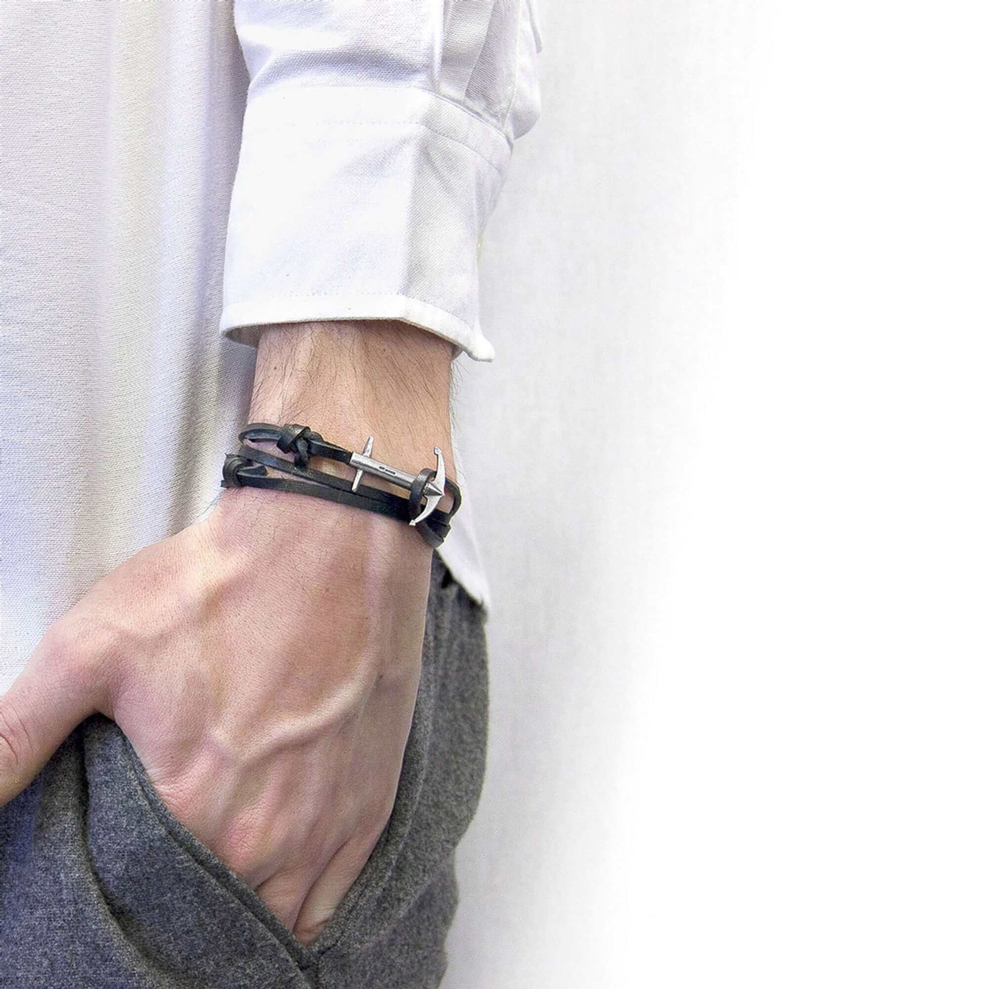 Elevate Your Style with the Coal Black Admiral Anchor Silver and Flat Leather Bracelet by ANCHOR & CREW at www.brixbailey.com