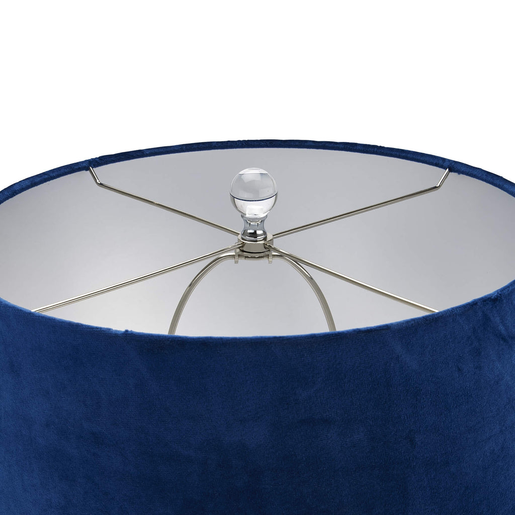 Handcrafted Ice Shadows table lamp with blue and white glaze, navy velvet shade, and elegant ball finial. by Sostter at brixbailey.com