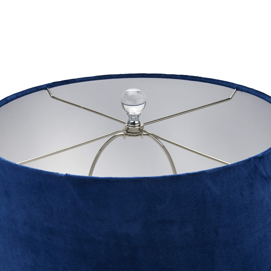 Handcrafted Ice Shadows table lamp with blue and white glaze, navy velvet shade, and elegant ball finial. by Sostter at brixbailey.com