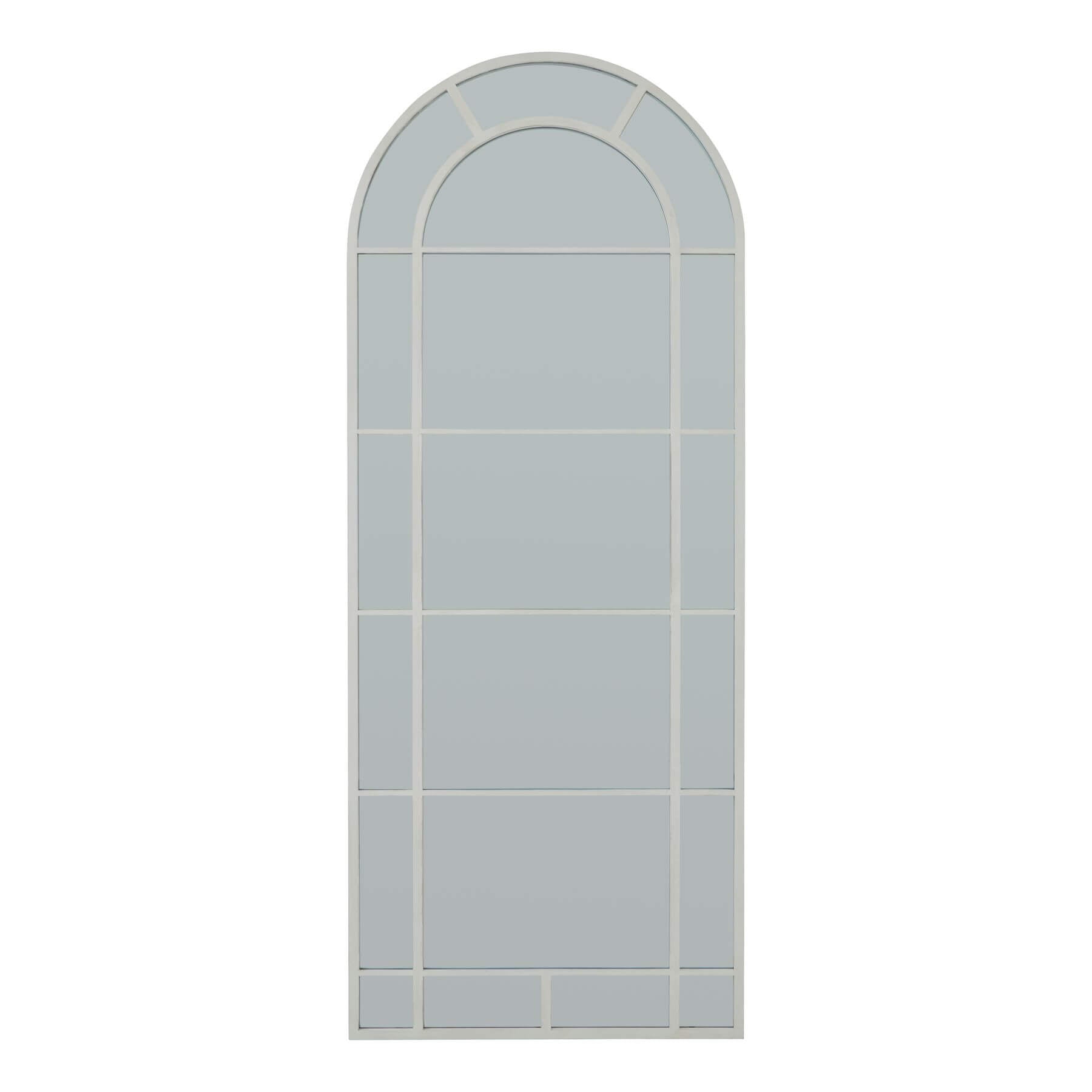 White arched window mirror with Gothic-inspired detailing in wood frame, enhancing room light and space perception. by Sostter at brixbailey.com