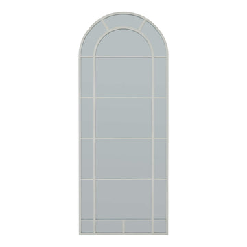 White arched window mirror with Gothic-inspired detailing in wood frame, enhancing room light and space perception. by Sostter at brixbailey.com