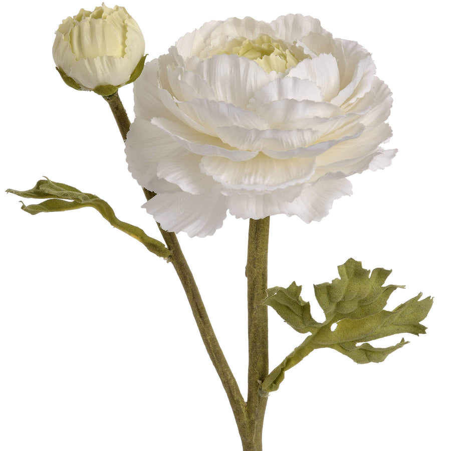 White artificial ranunculus spray with lifelike petals, 68cm long, for elegant home decor by Sostter at brixbailey.com