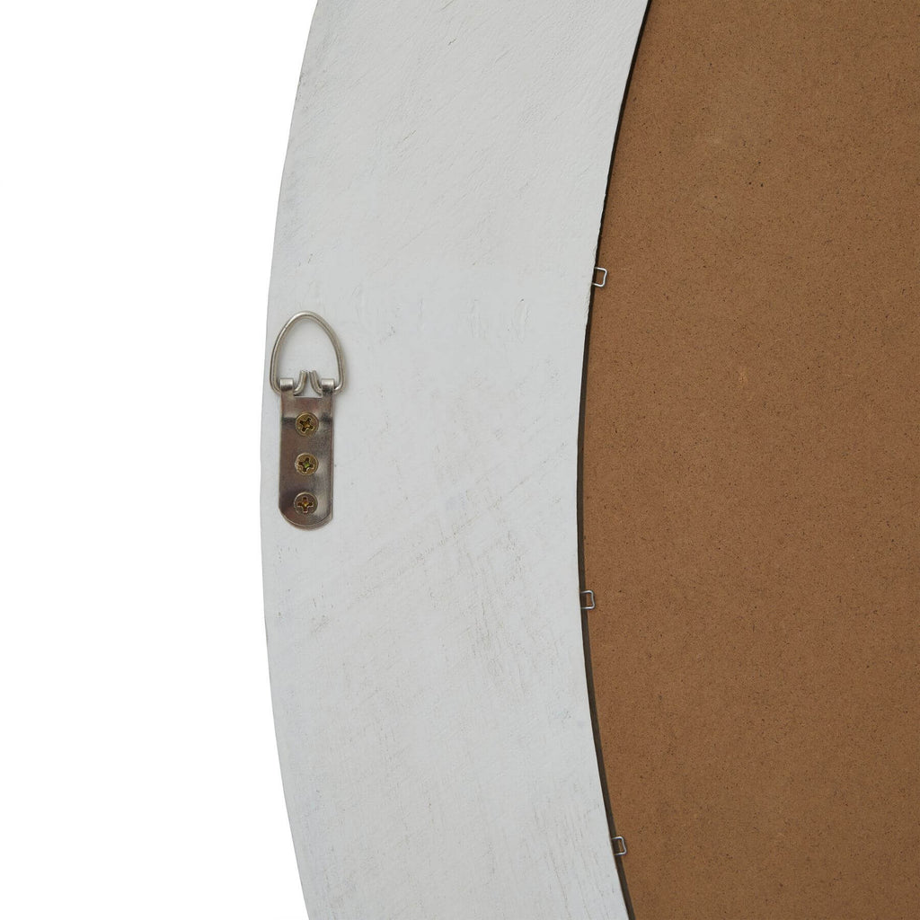 Handcrafted distressed wood mirror, 80cm diameter, warm antique white frame, circular shape for rustic home decor by Sostter at brixbailey.com