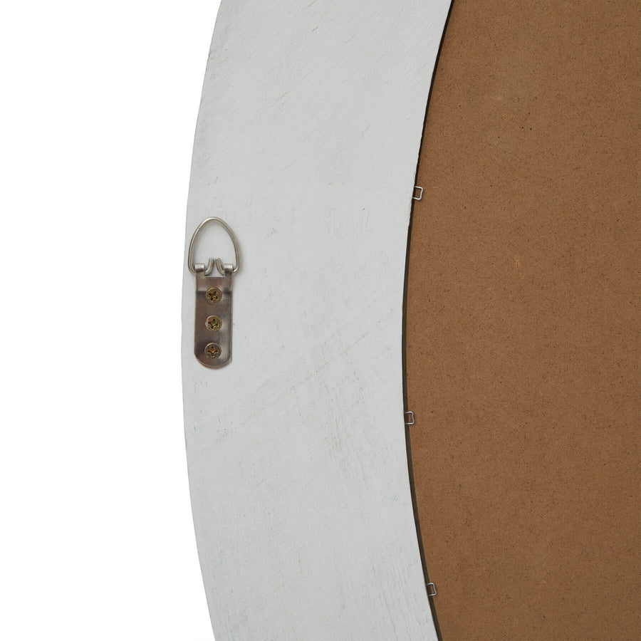 Handcrafted distressed wood mirror, 80cm diameter, warm antique white frame, circular shape for rustic home decor by Sostter at brixbailey.com