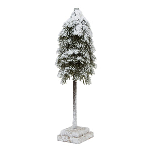 Handcrafted frosted cedar tree with snow-dusted branches on wooden base, perfect for holiday decor centerpiece. by sostter at brixbailey.com