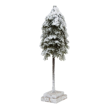 Handcrafted frosted cedar tree with snow-dusted branches on wooden base, perfect for holiday decor centerpiece. by Sostter at brixbailey.com