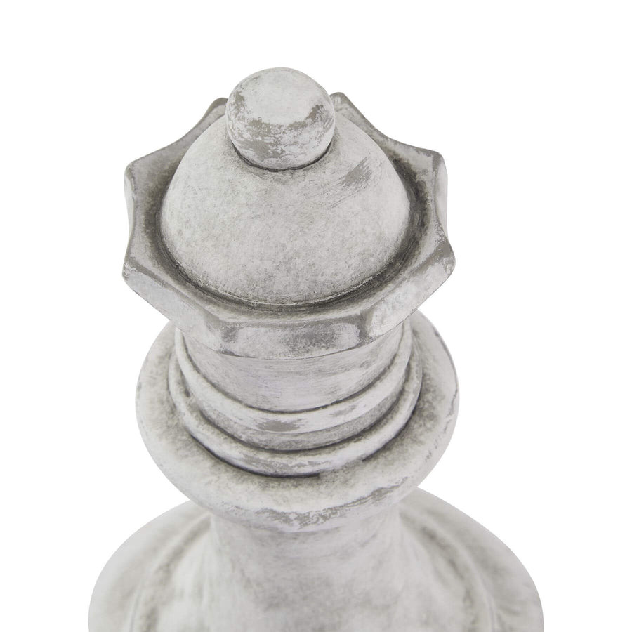 Handcrafted ceramic chess queen with stone-like finish, classic white antiqued design, Mediterranean-inspired sculptural piece by Sostter at brixbailey.com