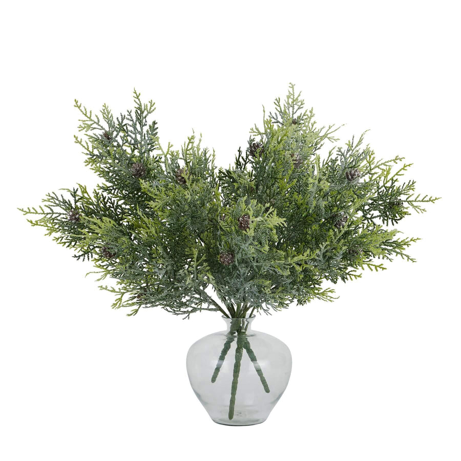 Lifelike frosted pine spray with winter white accents and pinecones for seasonal home dÃ©cor by Sostter at brixbailey.com