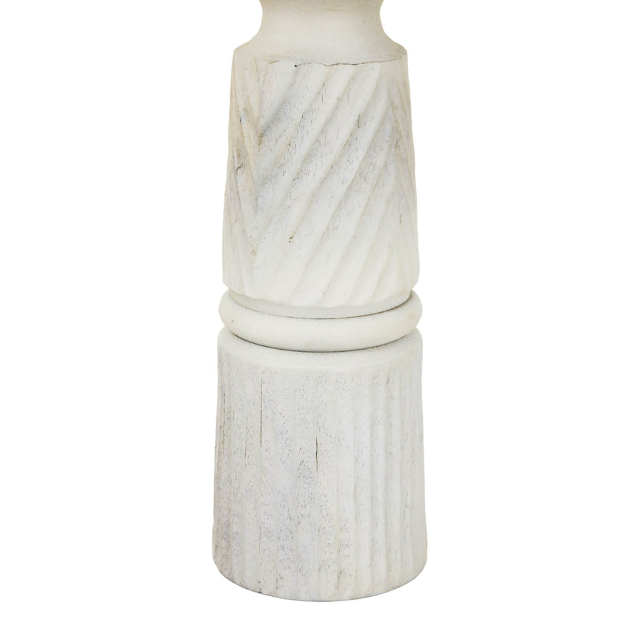 Hand-carved white wooden candle holder with intricate patterns, 30cm tall, for modern or traditional decor. by Sostter at brixbailey.com