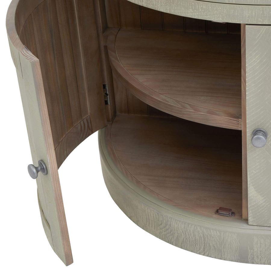 Hand-finished half-moon cupboard in warm grey weathered pine with curved modern organic design and Scandinavian influences. by Sostter at brixbailey.com