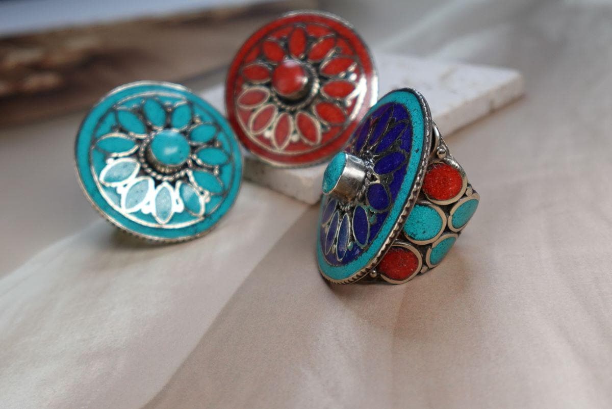 Boho Mandala Statement Rings – Handcrafted Tribal Inlay in Turquoise, Coral & Lapis.