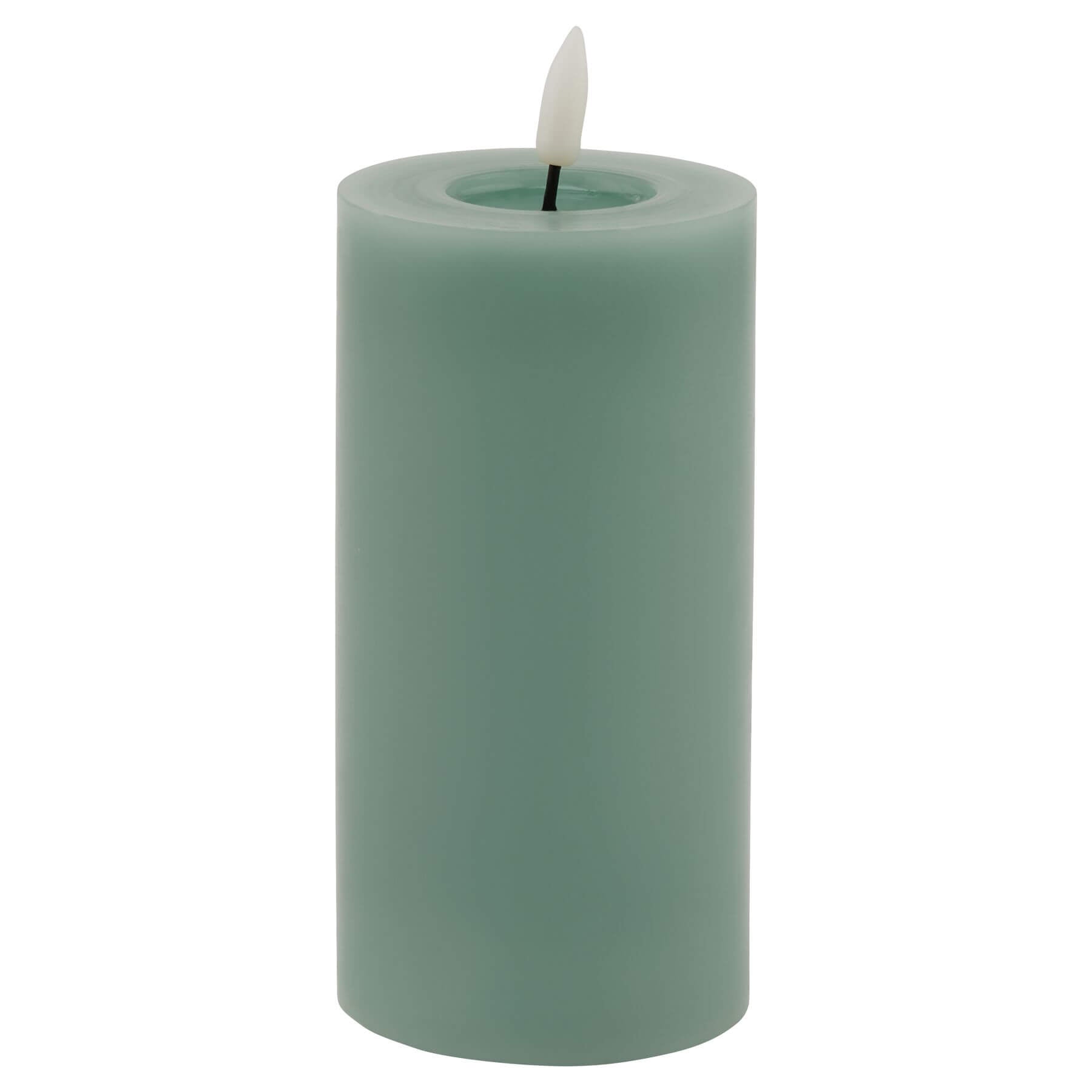 Realistic sage green LED wax candle with dripping effect, battery-operated for flameless ambiance by Sostter at brixbailey.com