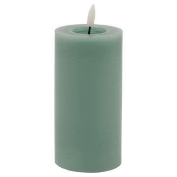 Realistic sage green LED wax candle with dripping effect, battery-operated for flameless ambiance by Hill Interiors at brixbailey.com