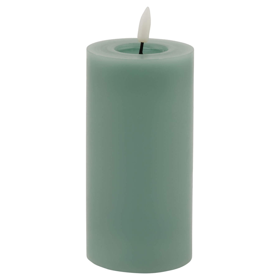 Realistic sage green LED wax candle with dripping effect, battery-operated for flameless ambiance by Sostter at brixbailey.com