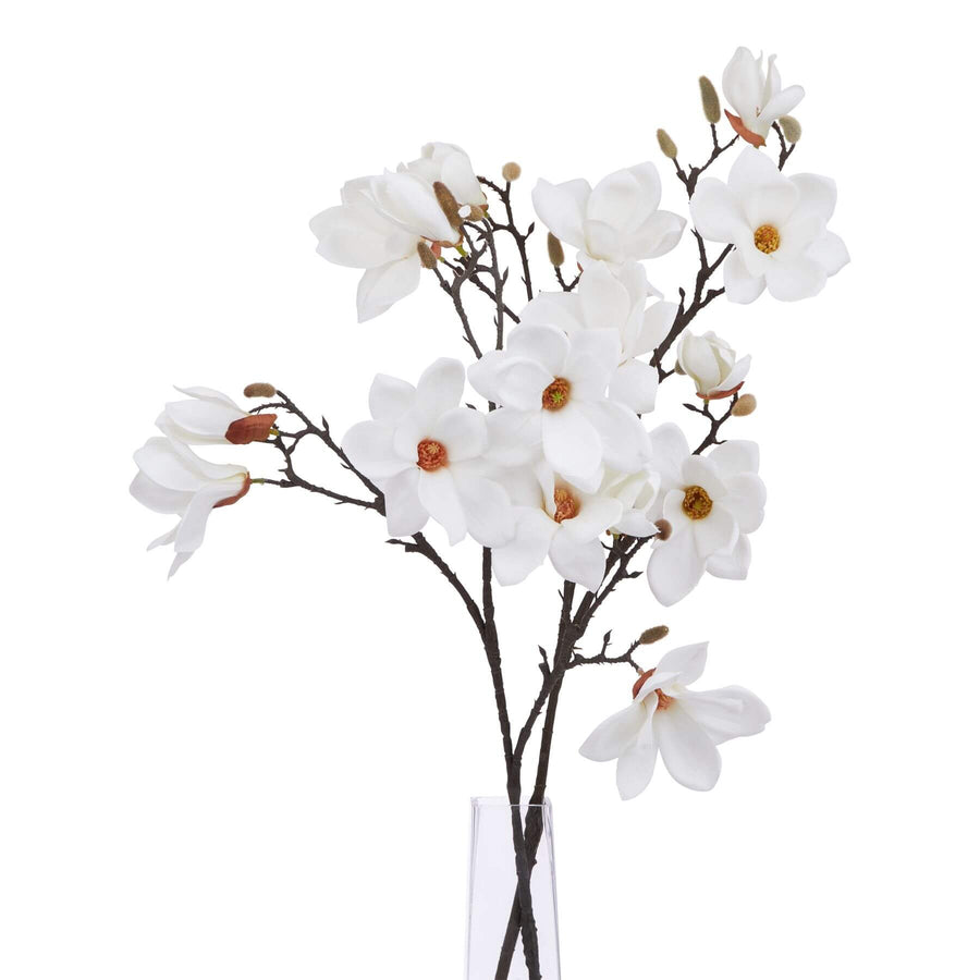 Lifelike white magnolia floral stem with hyper-realistic petals, 86cm tall, made of premium plastic for lasting beauty by Sostter at brixbailey.com