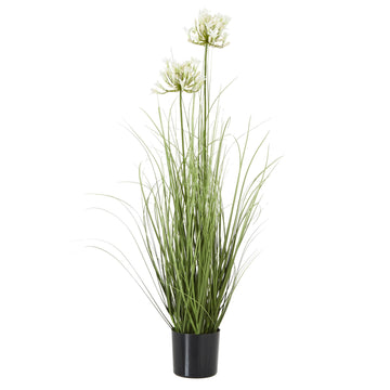 White faux agapanthus in black pot, lifelike artificial flowers with green stems, 35-inch home decor arrangement by Sostter at brixbailey.com