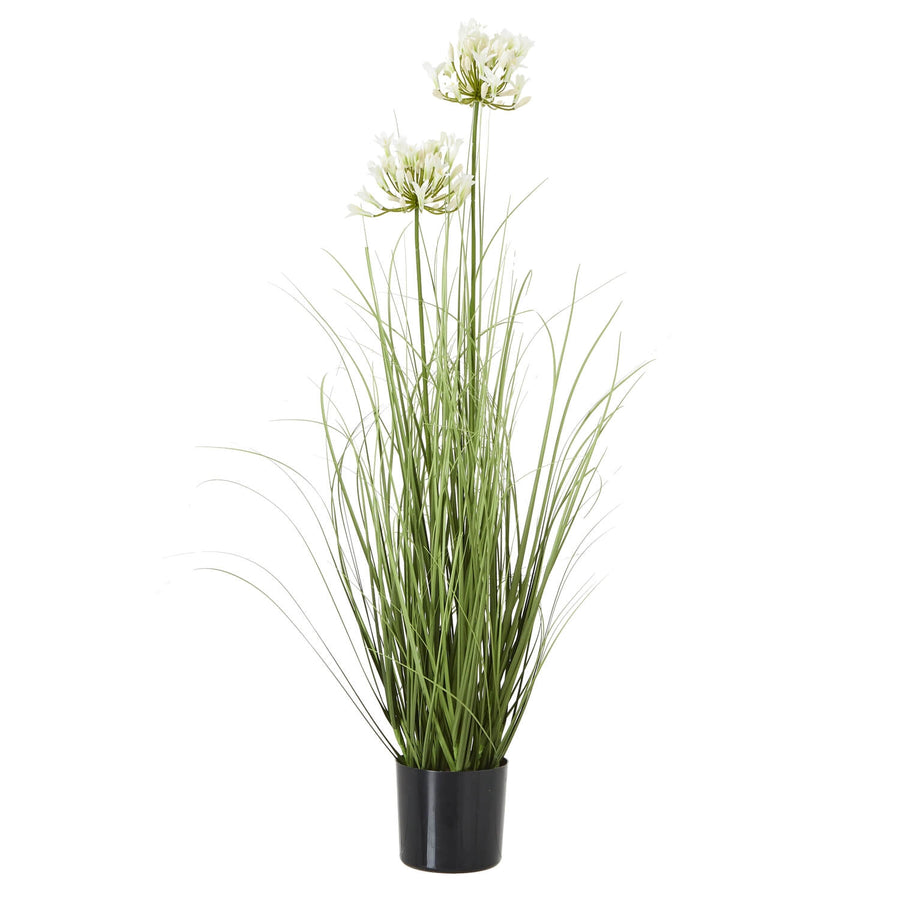 White faux agapanthus in black pot, lifelike artificial flowers with green stems, 35-inch home decor arrangement by Hill Interiors at brixbailey.com
