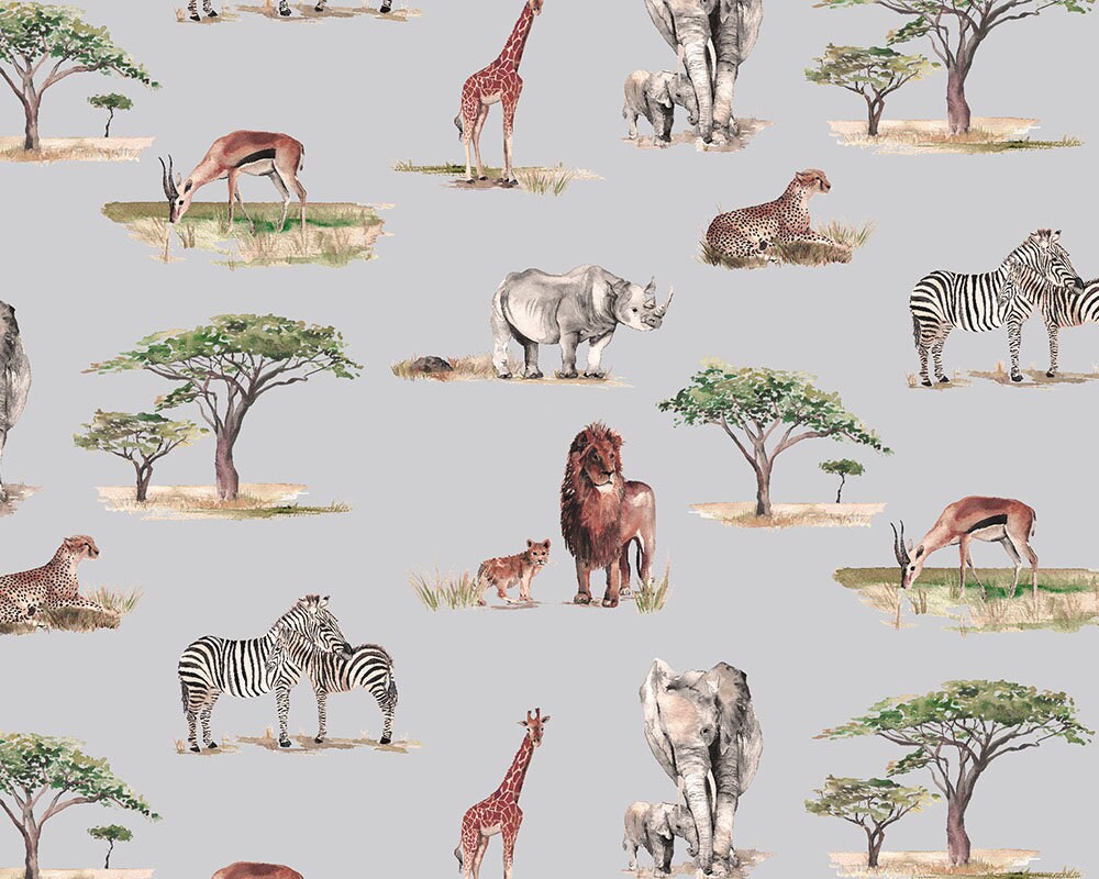 Safari Animals Hand-Designed Children's Wallpaper - Blue, Cream and Grey Colour Options
