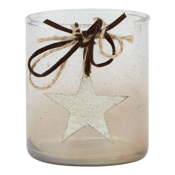 Handcrafted coffee-to-beige ombré glass votive with star detail and rustic bow, 9cm tall  

**  

- **Keywords included:** ombré, glass votive, star detail, rustic bow  
- **Clear description:** Visually conveys gradient, material, decorative elements, and size  
- **SEO & accessibility optimized:** Prioritizes unique selling points for shoppers while being screen-reader friendly by Hill Interiors at brixbailey.com