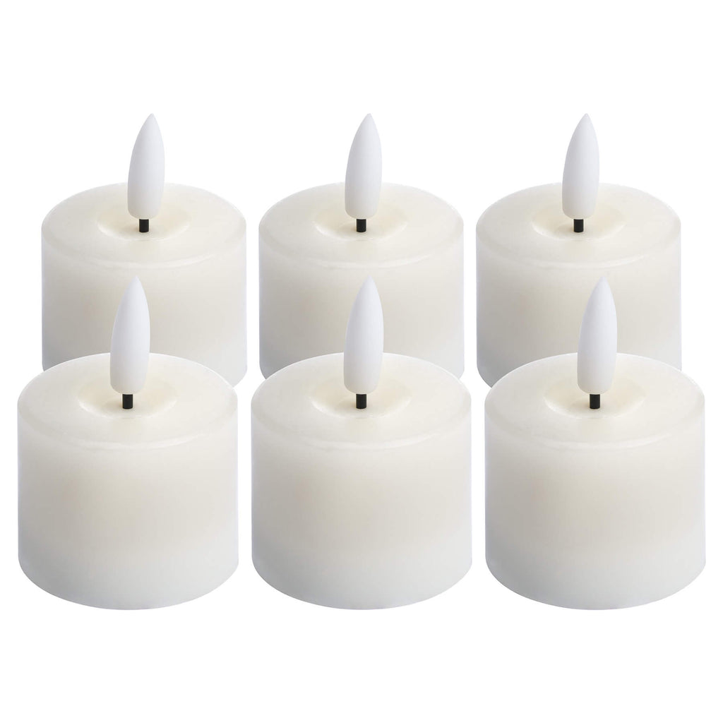 White LED tealight with realistic flickering flame, no-wax flameless candle for home decor ambiance by RoomLondon at brixbailey.com