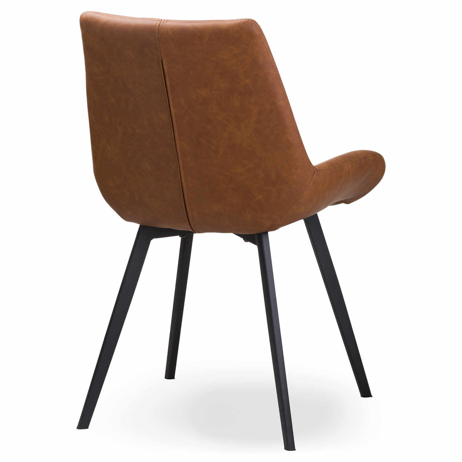 Modern Scandinavian dining chair in warm brown faux leather with black metal legs, minimalist design by Sostter at brixbailey.com