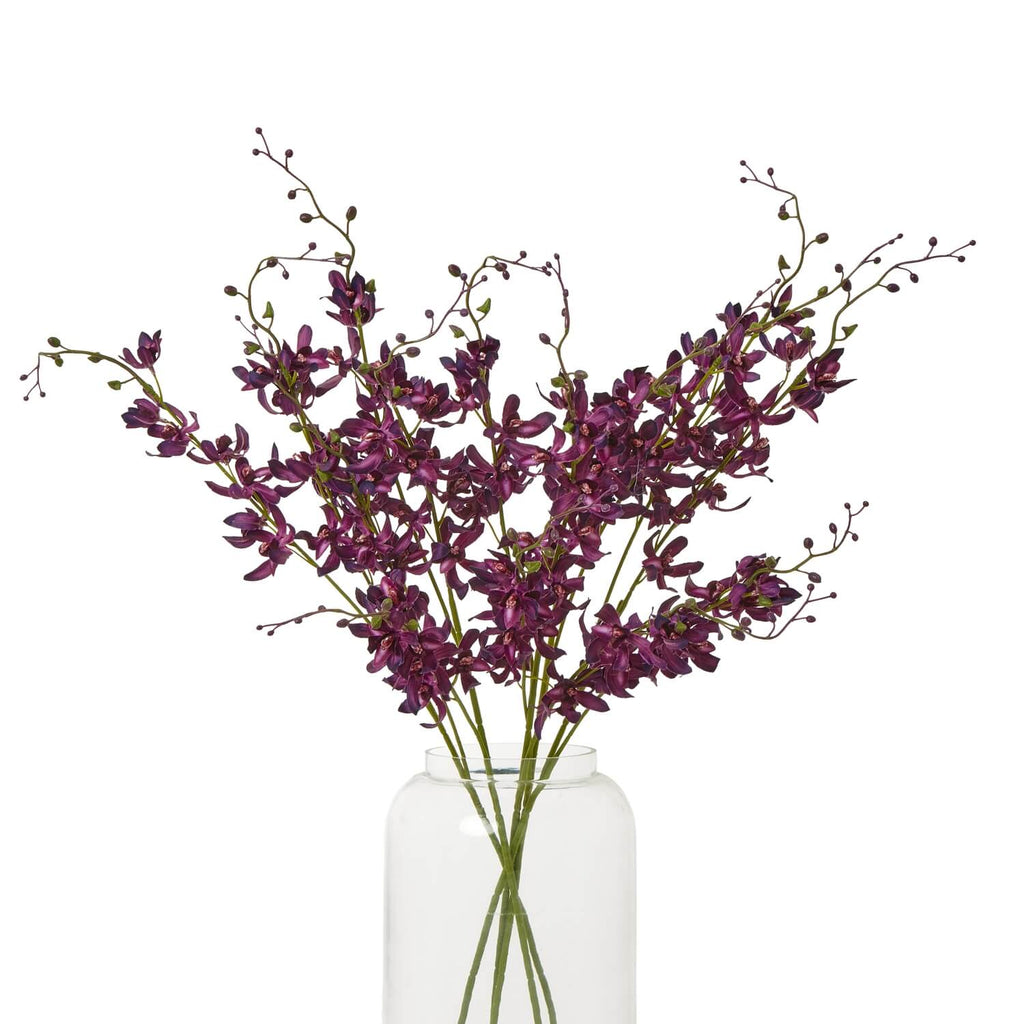 Purple cymbidium spray artificial flowers, lifelike purple orchids with cascading stems for home decor by Sostter at brixbailey.com
