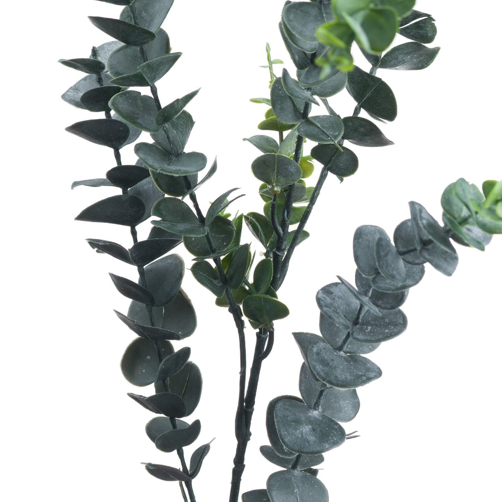Lifelike artificial silver dollar eucalyptus stems with silvery-green leaves, 41 inches tall, for home decor by Sostter at brixbailey.com