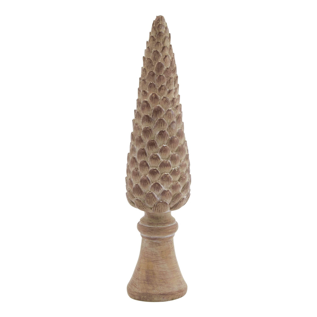 Handcrafted pinecone sculpture in warm brown resin, 26cm tall, with intricate layered scales and weighted base. by Sostter at brixbailey.com