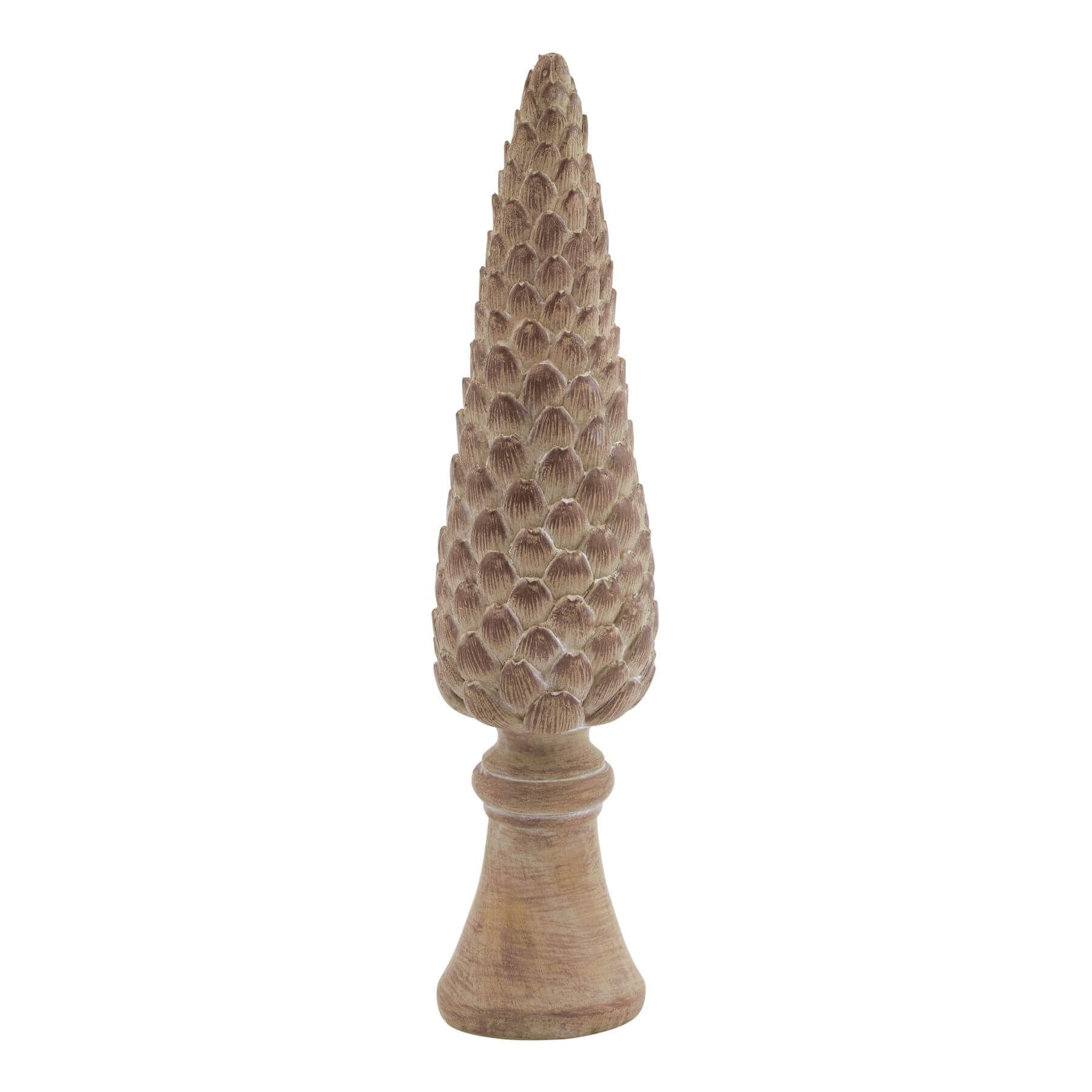 Handcrafted pinecone sculpture in warm brown resin, 26cm tall, with intricate layered scales and weighted base. by Sostter at brixbailey.com