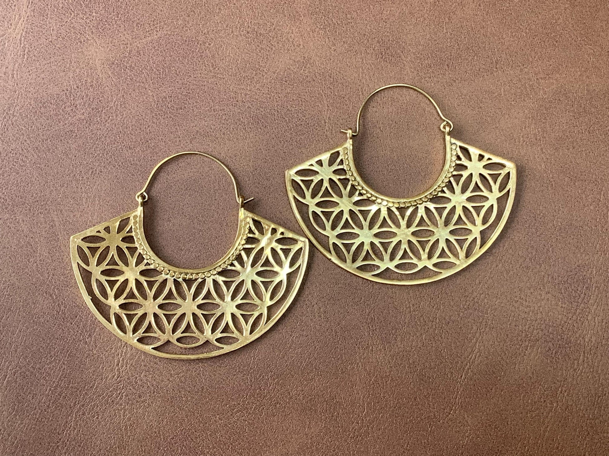 Geometric Petal Hoops – Brass Cutwork Mandala Earrings.