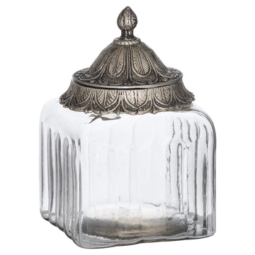 Handcrafted Moroccan glass jar with patterned metal lid for jewelry or spice storage, 18cm height by Sostter at brixbailey.com