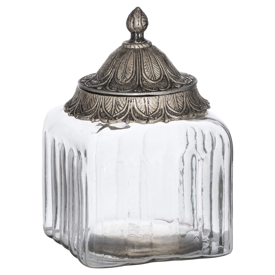 Handcrafted Moroccan glass jar with patterned metal lid for jewelry or spice storage, 18cm height by Sostter at brixbailey.com