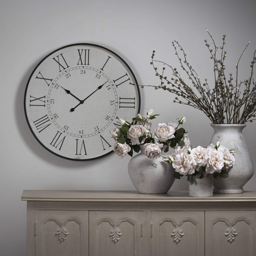 Large white wooden embossed wall clock with Roman numerals, 80cm diameter, traditional yet modern design by sostter at brixbailey.com