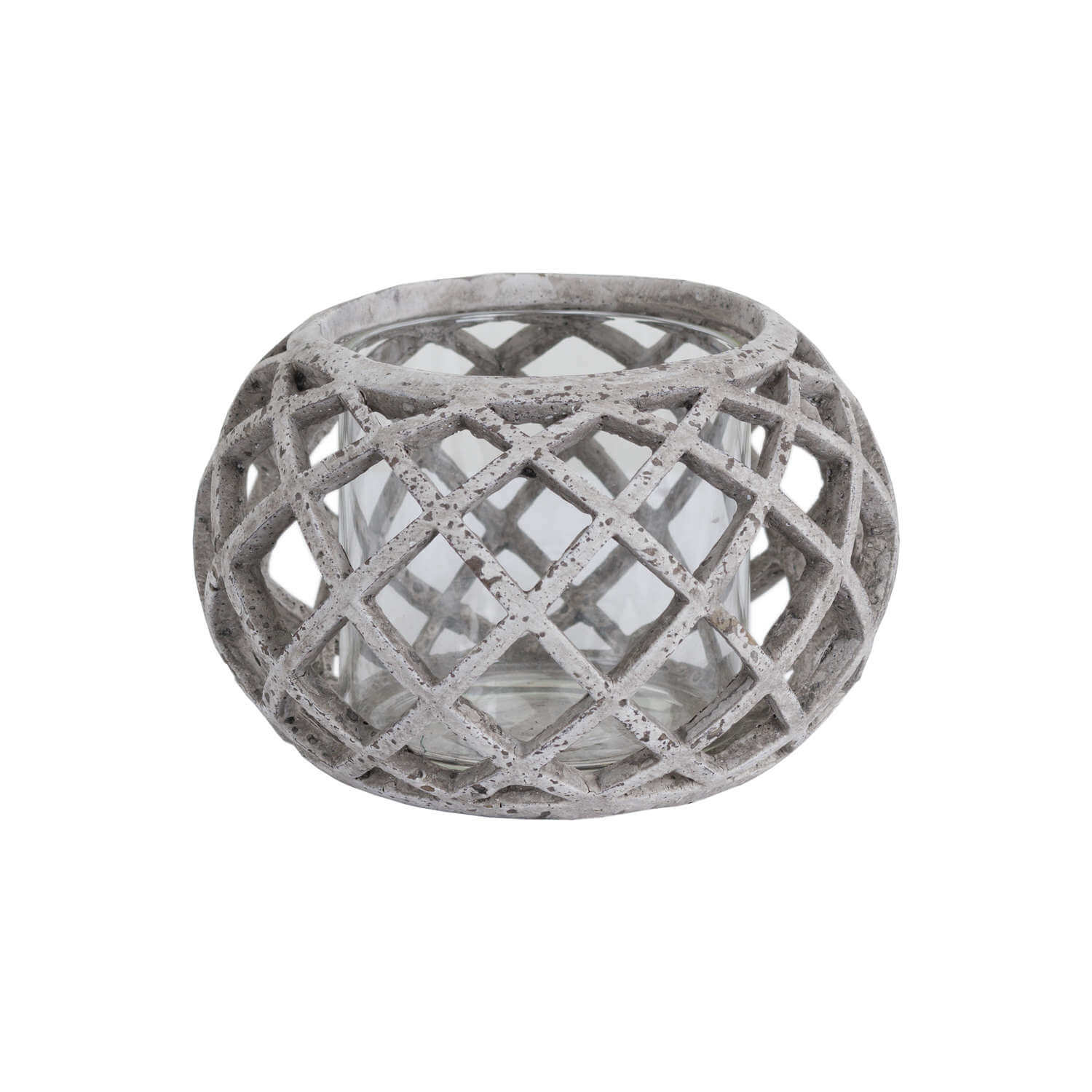 Round ceramic lattice hurricane lantern in natural stone with intricate cutouts, 17cm wide, ideal for LED candles. by Sostter at brixbailey.com