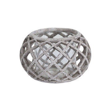 Round ceramic lattice hurricane lantern in natural stone with intricate cutouts, 17cm wide, ideal for LED candles. by Sostter at brixbailey.com