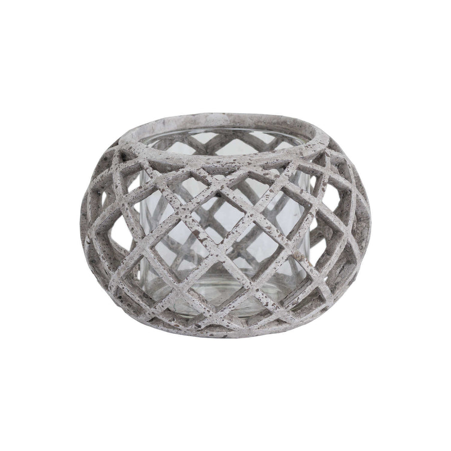 Round ceramic lattice hurricane lantern in natural stone with intricate cutouts, 17cm wide, ideal for LED candles. by Sostter at brixbailey.com