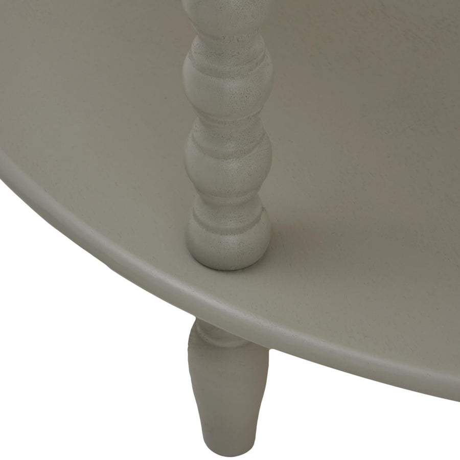 Camden three-tier table in grey, solid wood half-moon design with graduated display shelves by Sostter at brixbailey.com